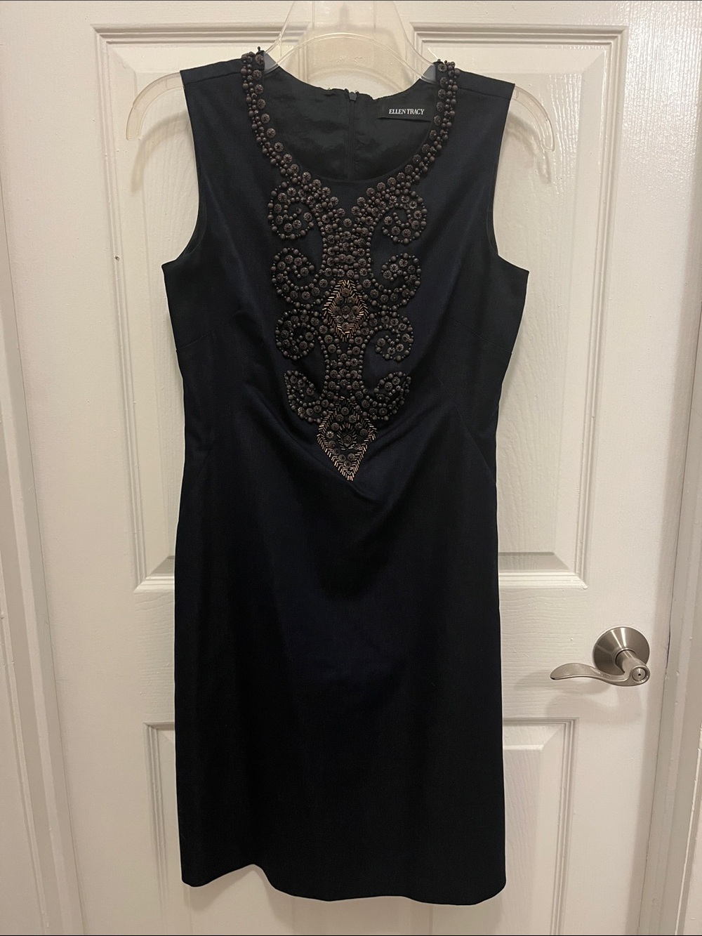 Ellen Tracy Navy Sheath Dress with Beaded Neckline